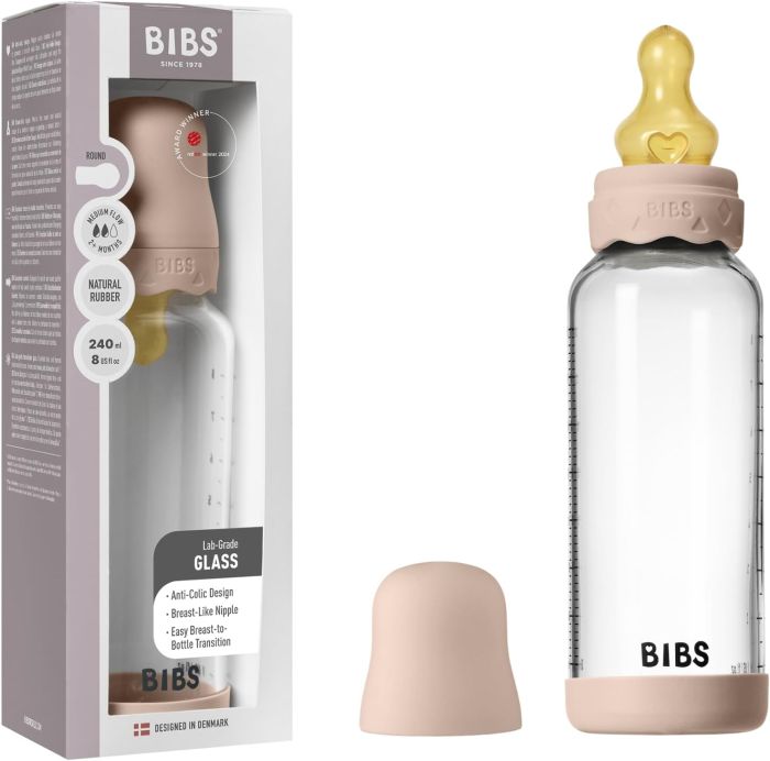 Скляна дитяча пляшечка BIBS Glass  Baby Bottle Round Latex Boheme Blush - 240 ml, 2+m