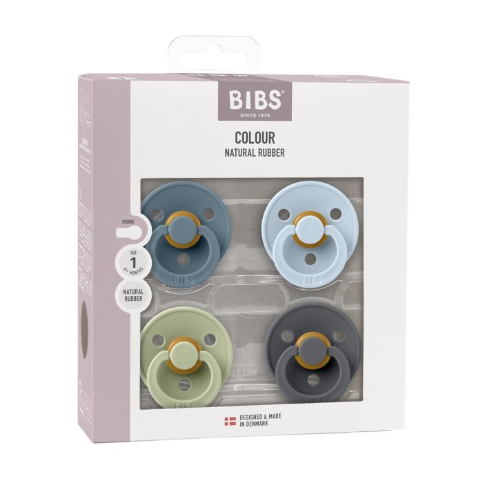 Соски пустушки BIBS 0-6 m Colour Latex Round (круглі) 4 PACK – Petrol/Sage/Baby Blue/Iron