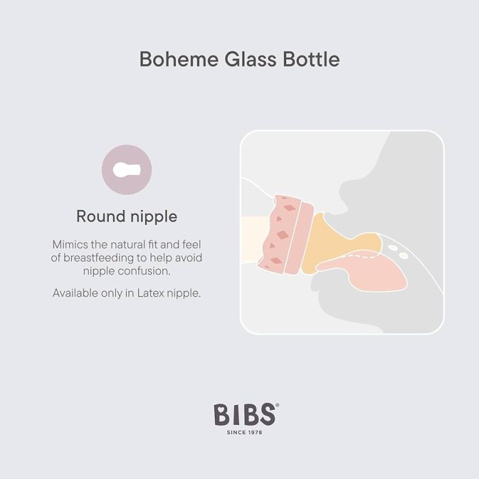 Скляна дитяча пляшечка BIBS Glass Boheme Baby Bottle Round Latex Blush 120 ml, 0+m