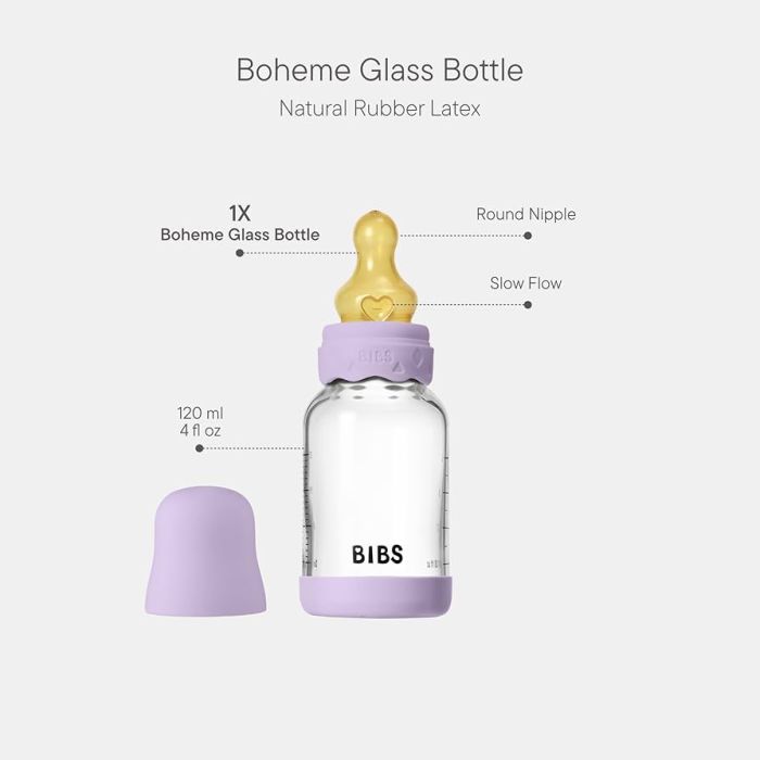 Скляна дитяча пляшечка BIBS Glass Boheme Baby Bottle Round Latex 120 ml, 0+m