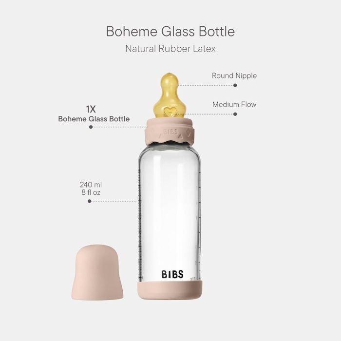 Скляна дитяча пляшечка BIBS Glass  Baby Bottle Round Latex Boheme Blush - 240 ml, 2+m