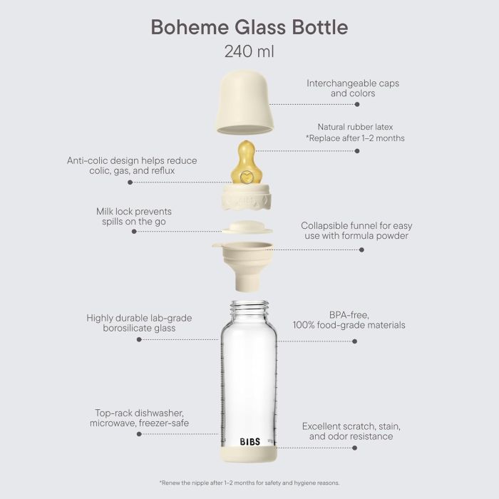 Скляна дитяча пляшечка BIBS Glass  Baby Bottle Round Latex Boheme Blush - 240 ml, 2+m