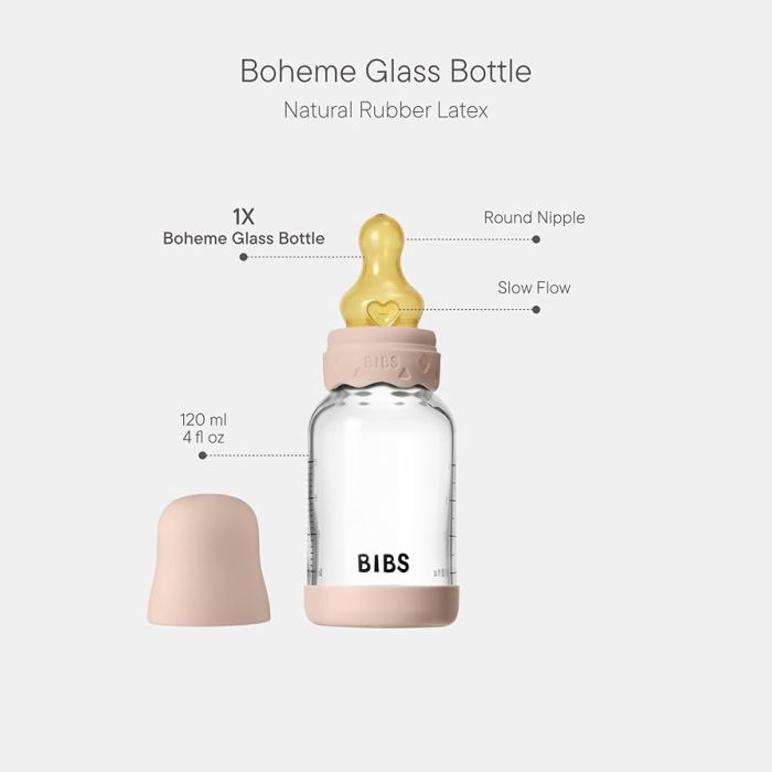 Скляна дитяча пляшечка BIBS Glass Boheme Baby Bottle Round Latex Blush 120 ml, 0+m