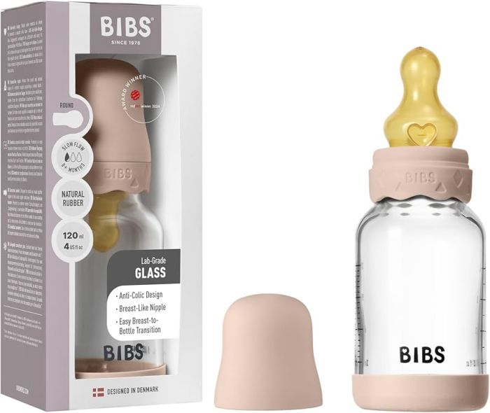 Скляна дитяча пляшечка BIBS Glass Boheme Baby Bottle Round Latex Blush 120 ml, 0+m
