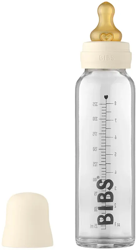 Скляна дитяча пляшечка BIBS Baby Glass Bottle повний комплект  Ivory - 225ml