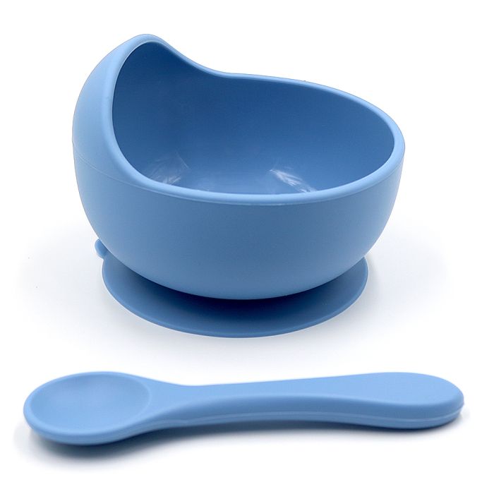 Силіконова тарілка на присосці із ложкою – Powder Blue