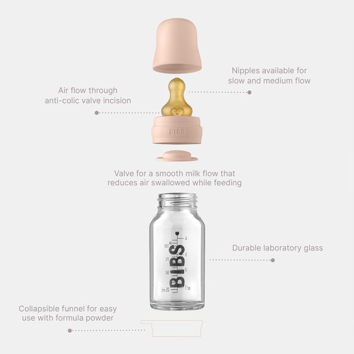 Скляна дитяча пляшечка BIBS Baby Glass Bottle повний комплект Blush - 110 ml