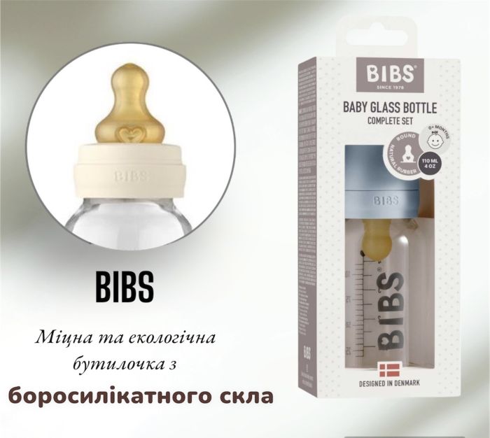 Скляна дитяча пляшечка BIBS Baby Glass Bottle повний комплект Baby Blue, 110 ml