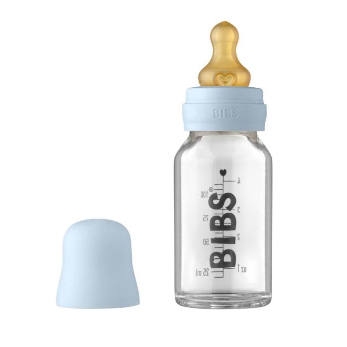 Скляна дитяча пляшечка BIBS Baby Glass Bottle повний комплект Baby Blue, 110 ml