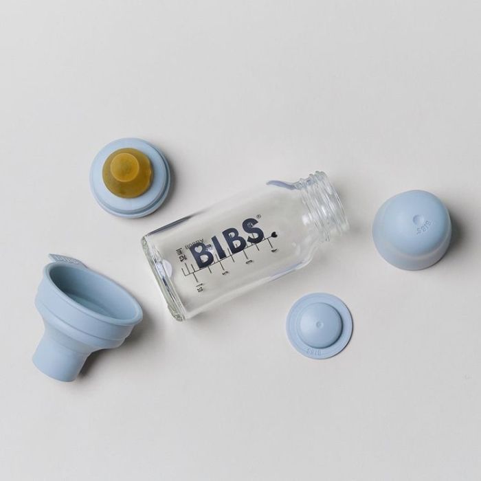 Скляна дитяча пляшечка BIBS Baby Glass Bottle повний комплект Baby Blue, 110 ml