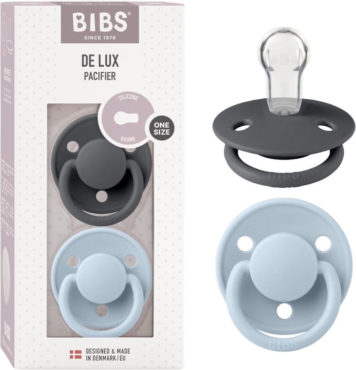 Пустушка BIBS 0-36 мiс De Lux Silicone Round - Baby Blue/Iron 2 шт.