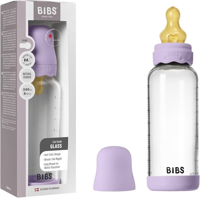 Скляна дитяча пляшечка BIBS Glass  Baby Bottle Round Latex Boheme Violet Sky - 240 ml, 2+m
