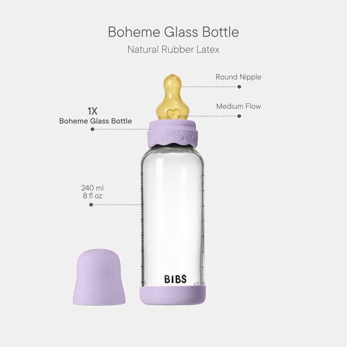 Скляна дитяча пляшечка BIBS Glass  Baby Bottle Round Latex Boheme Violet Sky - 240 ml, 2+m