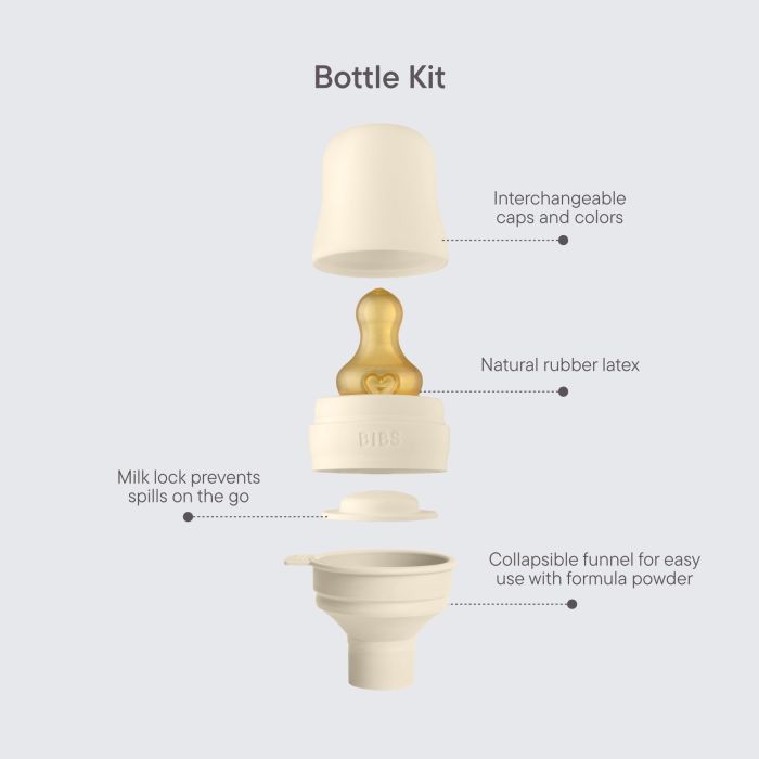Скляна дитяча пляшечка BIBS Baby Glass Bottle повний комплект  Ivory - 225ml