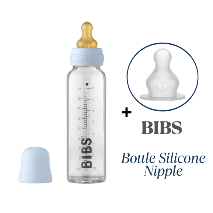 Скляна дитяча пляшечка BIBS Baby Glass Bottle повний комплект - 225ml - Baby Blue с дополнительной соской в ​​подарок