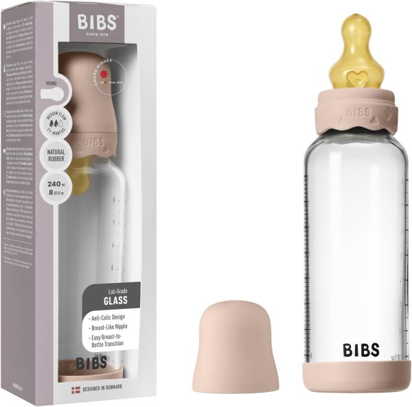 Скляна дитяча пляшечка BIBS Glass  Baby Bottle Round Latex Boheme Blush - 225 ml, 2+m