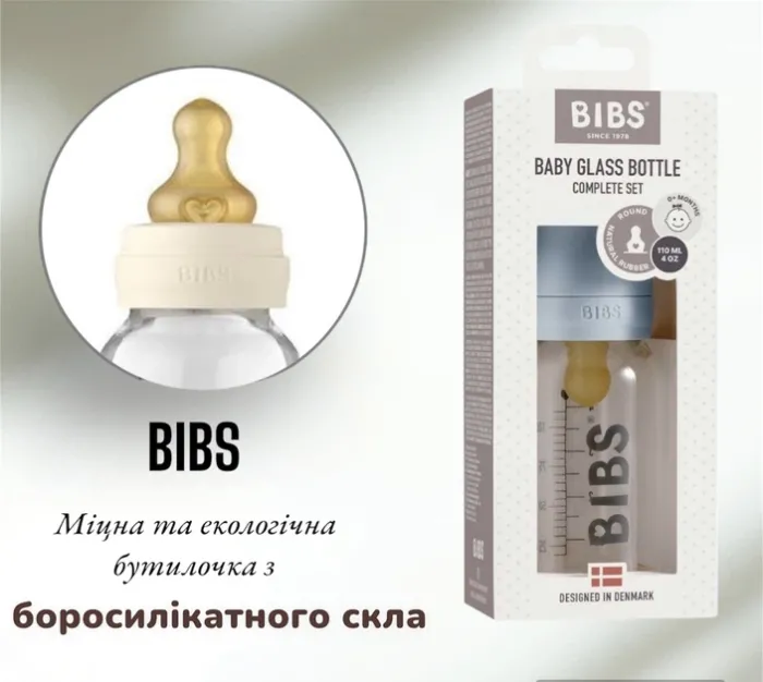 Скляна дитяча пляшечка BIBS Baby Glass Bottle повний комплект Baby Blue - 120 ml -