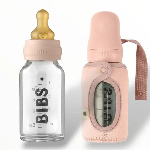 Комплект скляна дитяча пляшечка BIBS Baby Glass Bottle повний комплект Blush - 120 ml та чохол на пляшечку