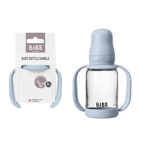 Набір скляна дитяча пляшечка BIBS Baby Glass Bottle Baby Blue та ручки для тримання 120 ml