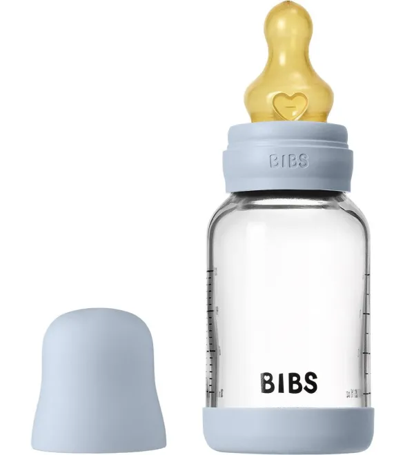Скляна BIBS Baby Glass Bottle дитяча пляшечка повний комплект Baby Blue - 120 ml