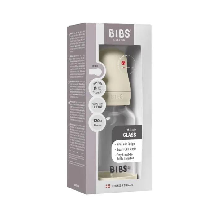 Скляна BIBS Baby Glass Bottle дитяча пляшечка з силіконовою соскою - 120 ml - Ivory
