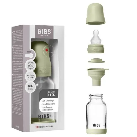 Скляна BIBS Baby Glass Bottle дитяча пляшечка з силіконовою соскою - 120 ml - Sage