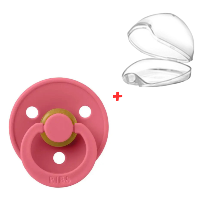 Соска пустушка BIBS 6-18 m Colour Latex Round – Coral в контейнері для зберігання