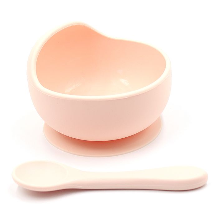 Силіконова тарілка на присосці з ложкою – Soft Pink