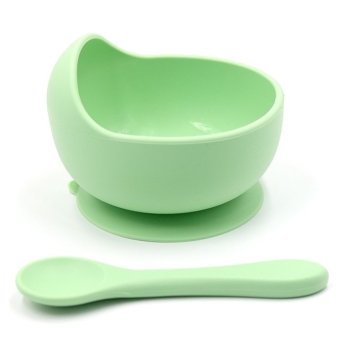 Силіконова тарілка на присосці з ложкою – Pastel Green